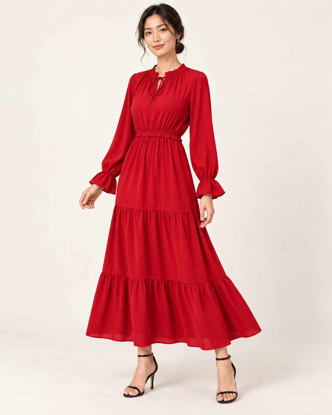Women's Long Sleeve Tiered Swing Dress - Red - three-quarter view