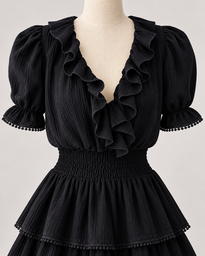 Women's Black Ruffle-Trim V-Neck Dress in Black, garment detail close-up