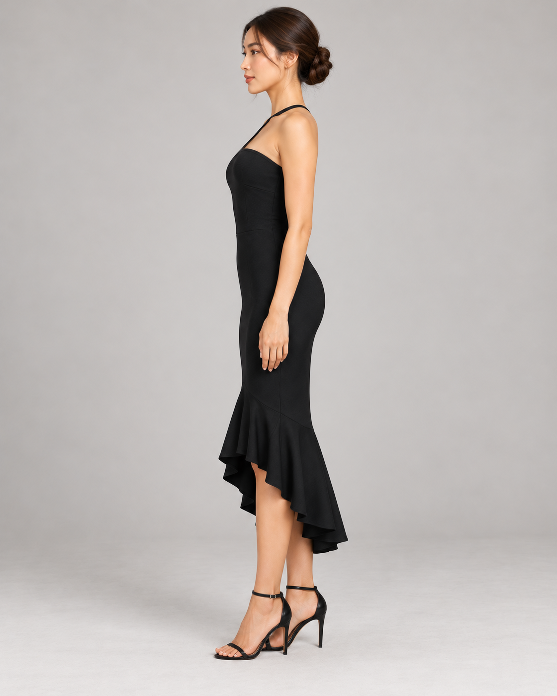Women's Black Asymmetric-Hem Maxi Dress, Black — full-length side view