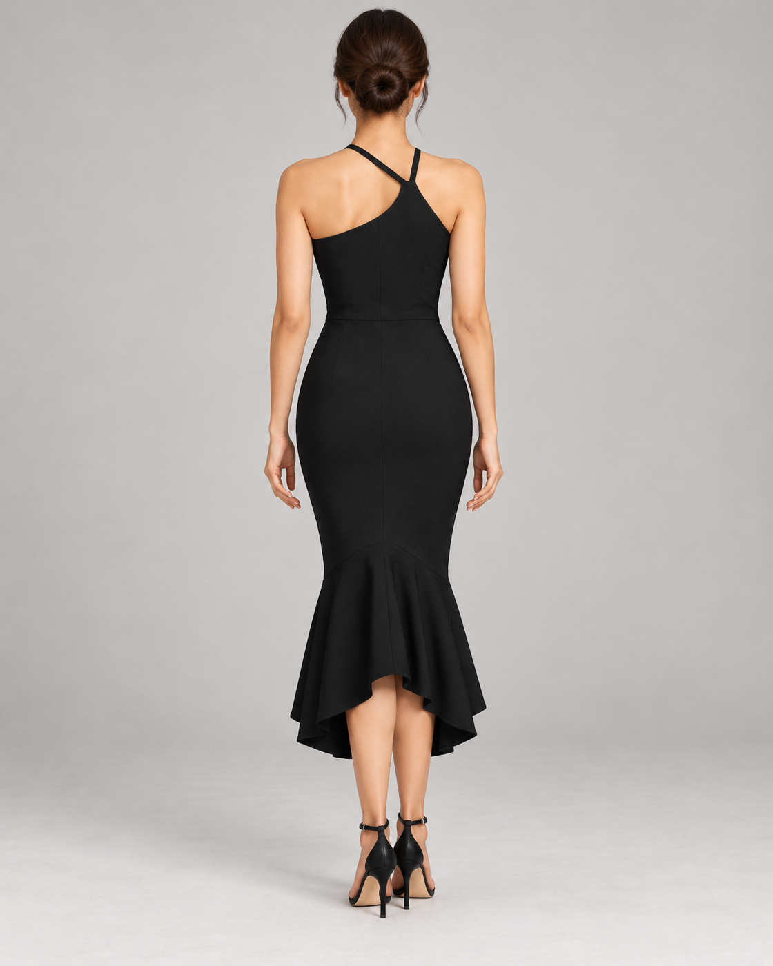 Women's Black Asymmetric-Hem Maxi Dress, Black — full-length direct back view