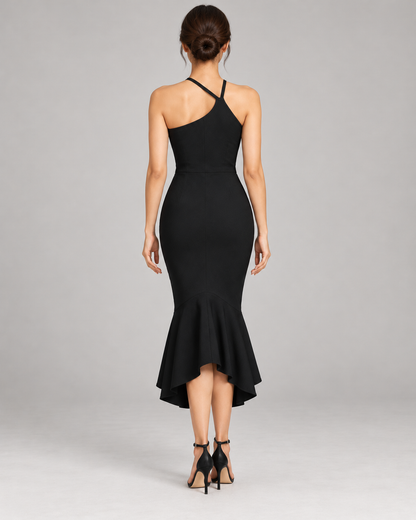 Women's Black Asymmetric-Hem Maxi Dress, Black — full-length direct back view