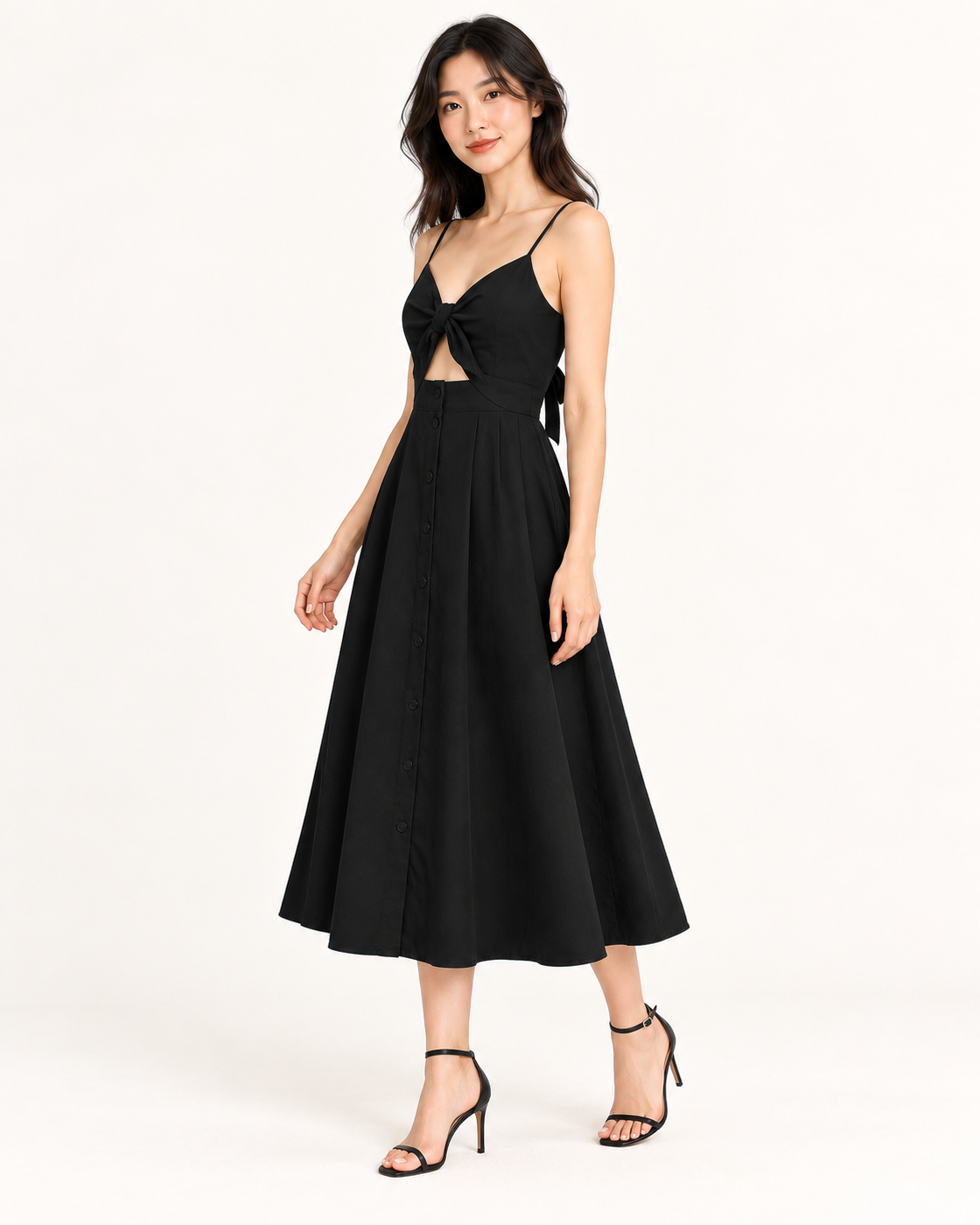 Black Bow-Back Strap Dress - three-quarter view