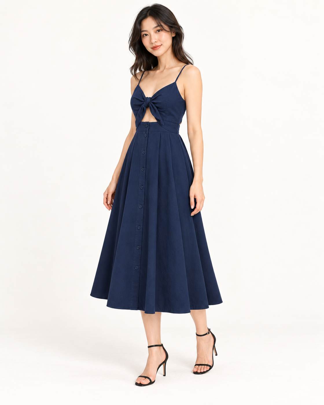 Blue Bow-Back Strap Dress - full-length three-quarter view