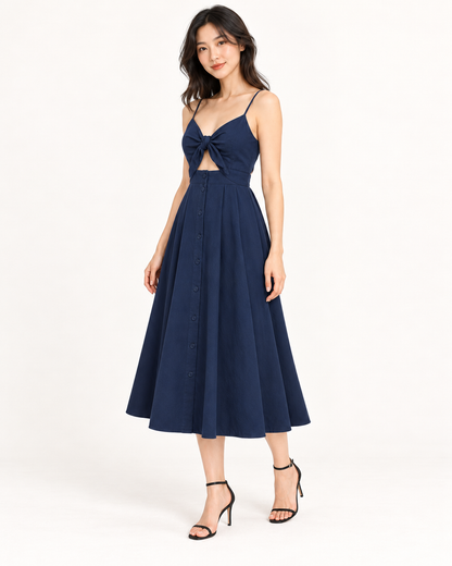 Blue Bow-Back Strap Dress - full-length three-quarter view
