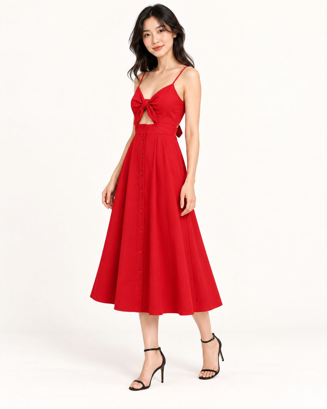 Red Bow-Back Strap Dress - full-length three-quarter view