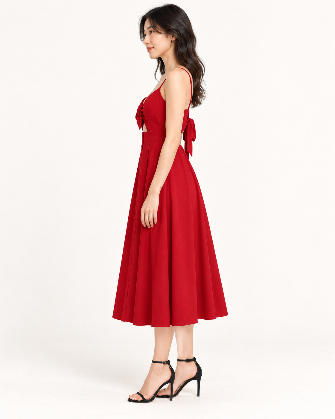 Red Bow-Back Strap Dress - full-length side view