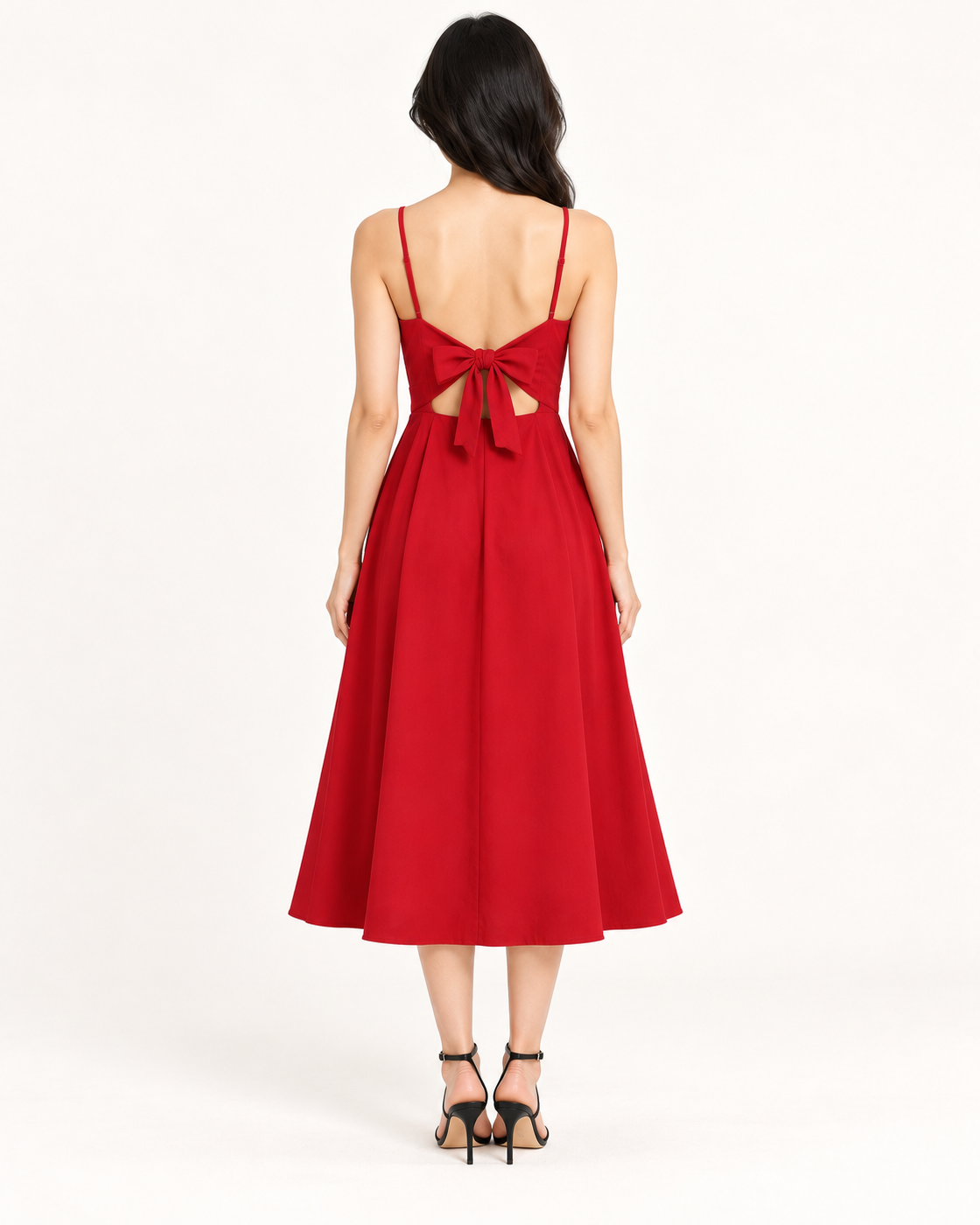 Red Bow-Back Strap Dress - full-length back view