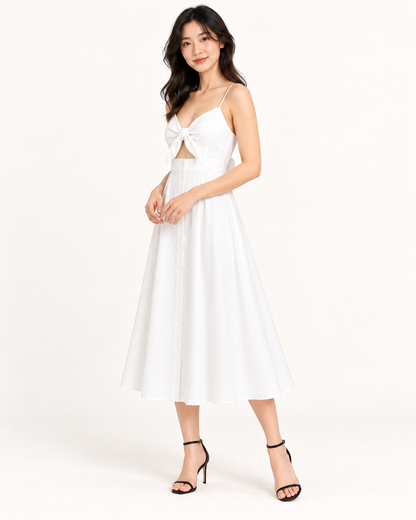 White Bow-Back Strap Dress - full-length three-quarter view