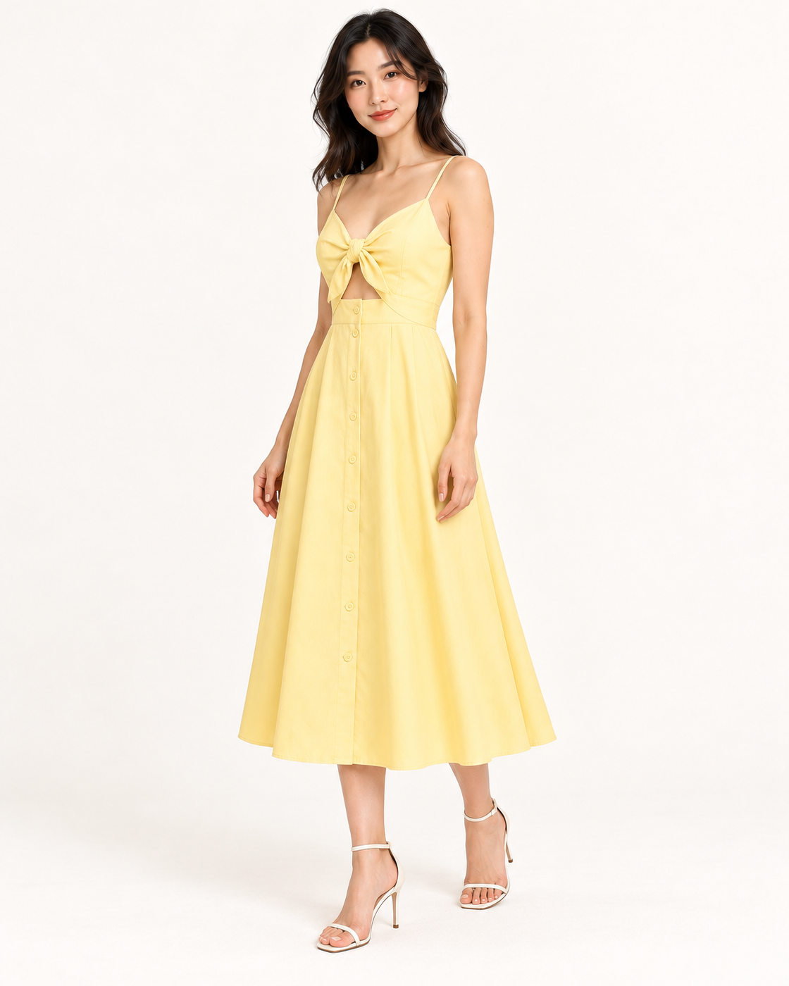 Yellow Bow-Back Strap Dress - full-length three-quarter view
