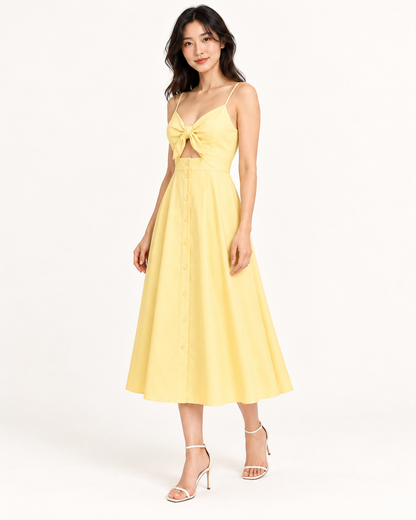 Yellow Bow-Back Strap Dress - full-length three-quarter view