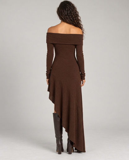 Women's Brown Off-Shoulder Long Sleeve Dress — Brown, full-length back view