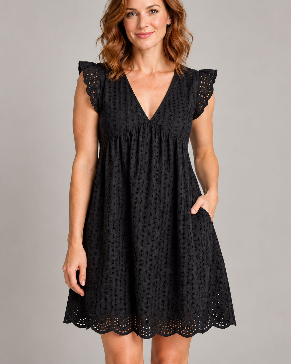 Women's Sleeveless V-Neck Pocket Dress — Black — detail