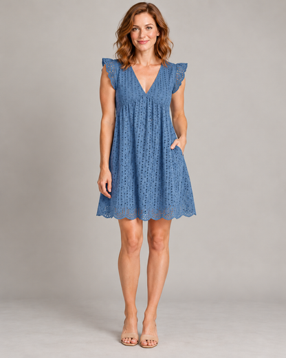 Women's Sleeveless V-Neck Pocket Dress — Blue — front