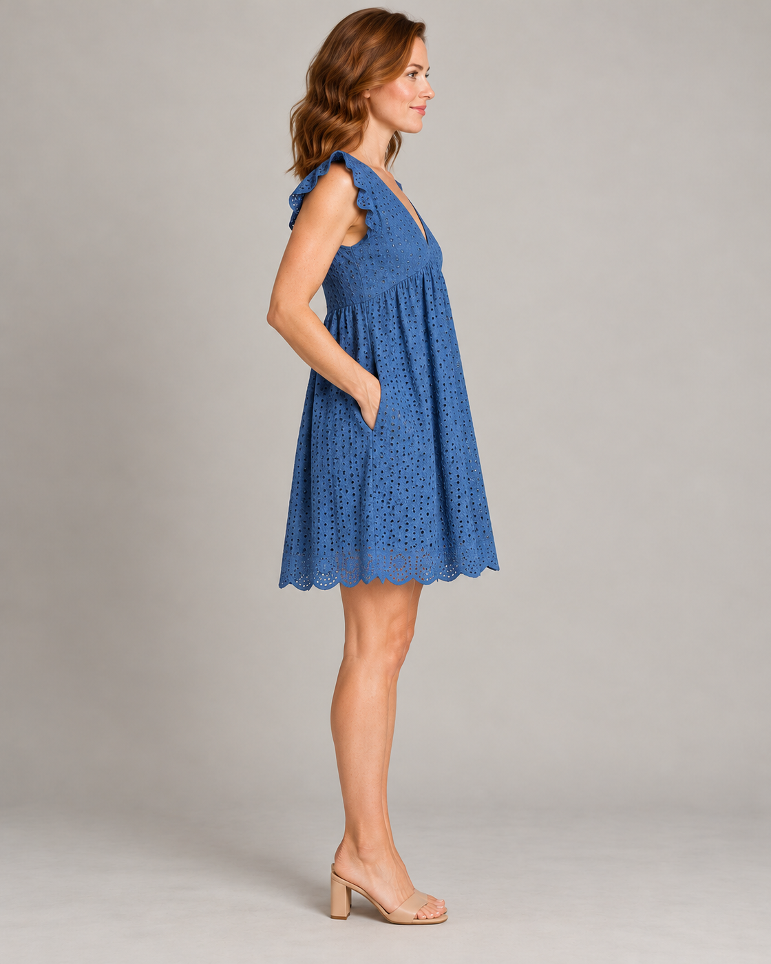 Women's Sleeveless V-Neck Pocket Dress — Blue — side