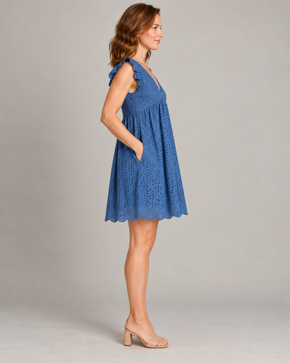 Women's Sleeveless V-Neck Pocket Dress — Blue — side