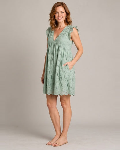 Women's Sleeveless V-Neck Pocket Dress — Green — three quarter