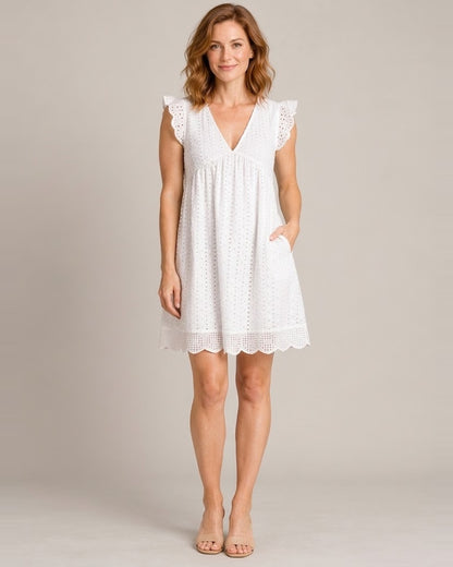Women's Sleeveless V-Neck Pocket Dress — White — front