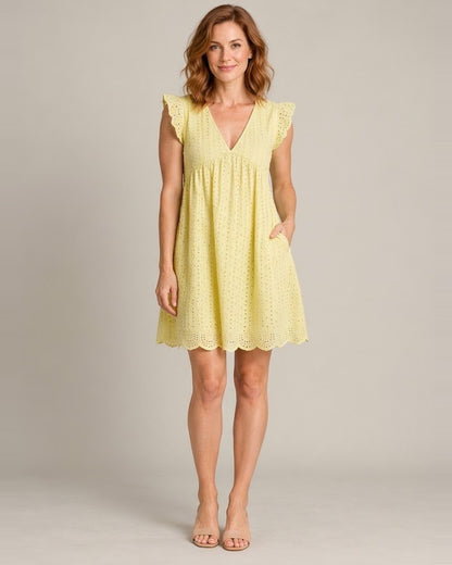 Women's Sleeveless V-Neck Pocket Dress — Yellow — front