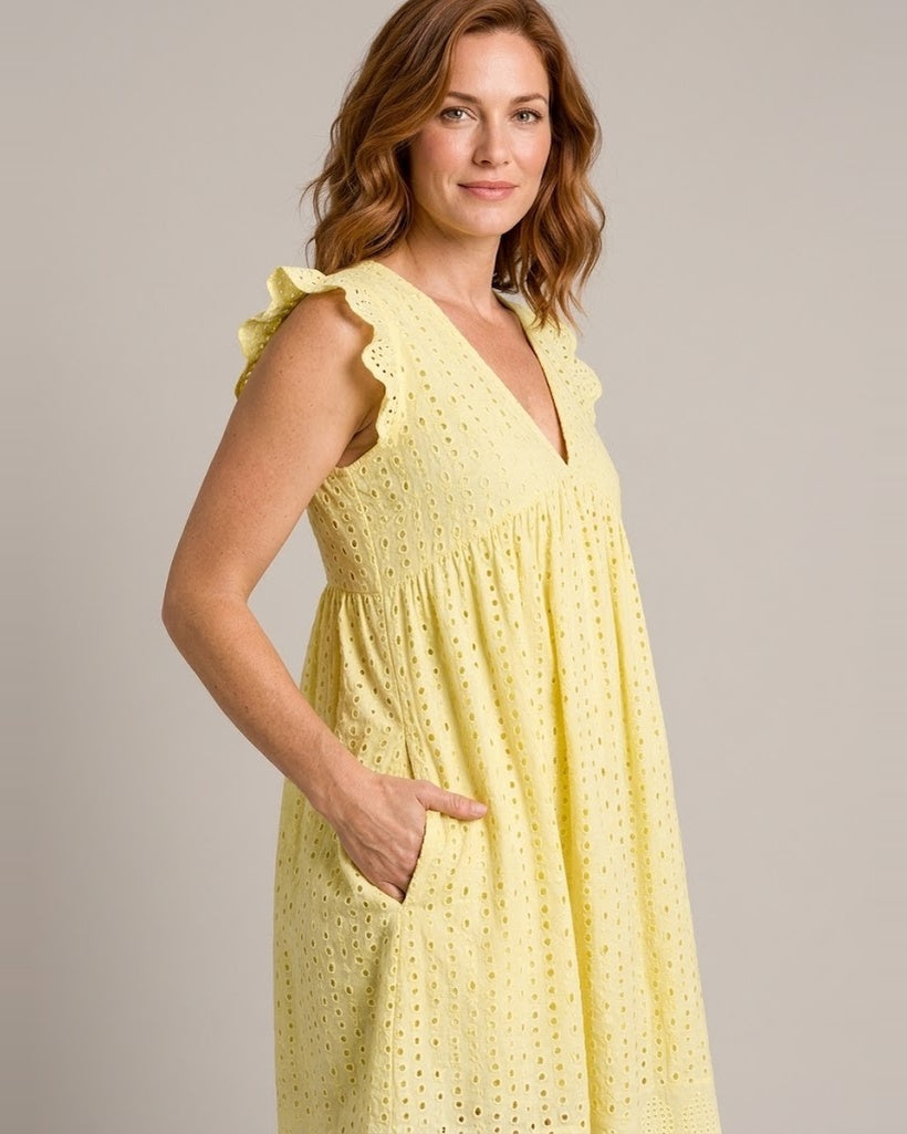 Women's Sleeveless V-Neck Pocket Dress — Yellow — detail