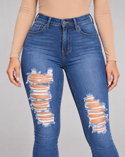 Dark Blue jeans construction and distressing details