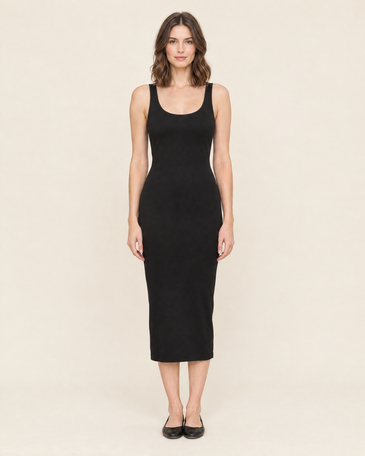 Women's Sleeveless Fitted Midi Dress in Black, 01 front view