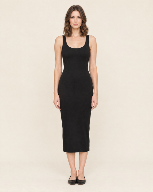 Women's Sleeveless Fitted Midi Dress in Black, 01 front view