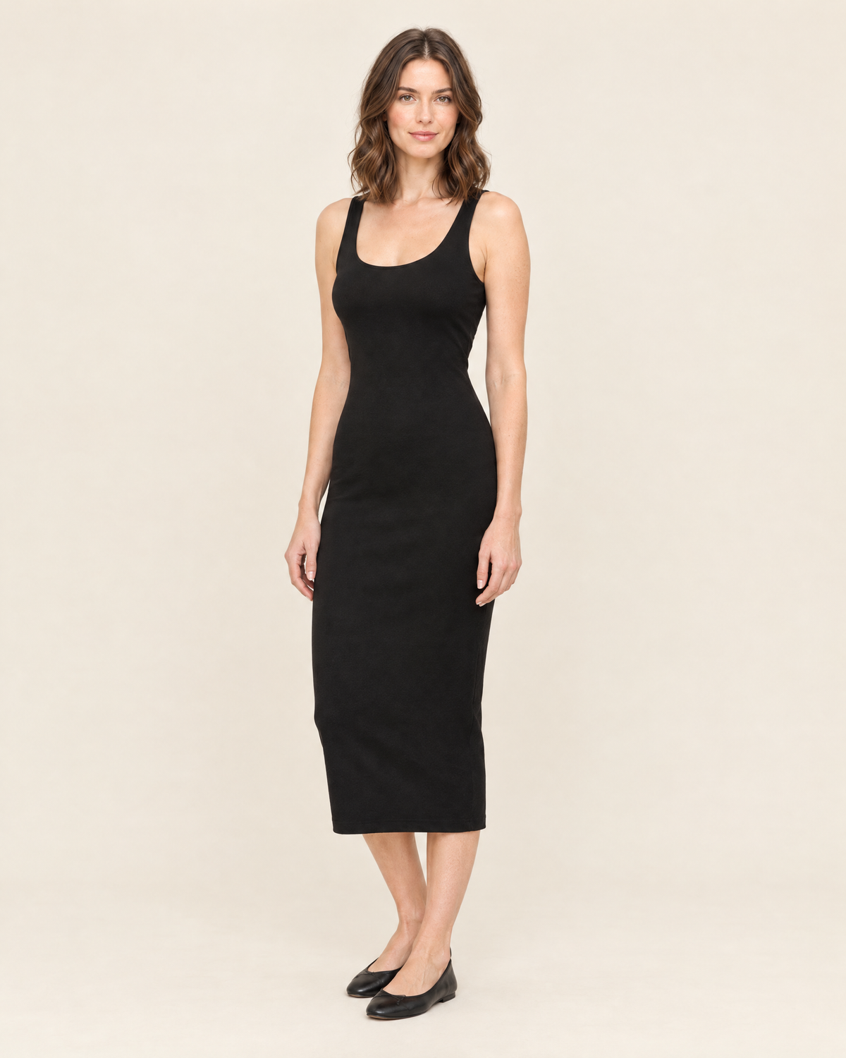 Women's Sleeveless Fitted Midi Dress in Black, 02 three quarter view