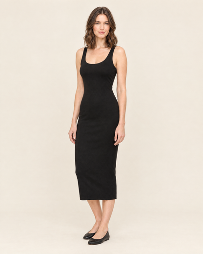 Women's Sleeveless Fitted Midi Dress in Black, 02 three quarter view