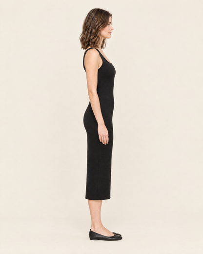 Women's Sleeveless Fitted Midi Dress in Black, 03 side view