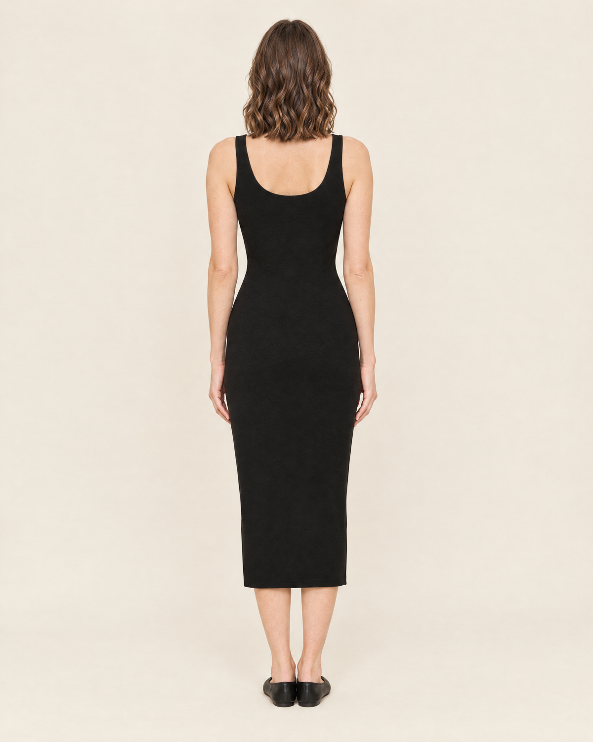 Women's Sleeveless Fitted Midi Dress in Black, 05 back view