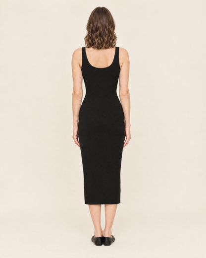 Women's Sleeveless Fitted Midi Dress in Black, 05 back view