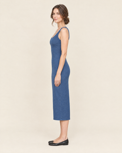 Women's Sleeveless Fitted Midi Dress in Blue, 03 side view