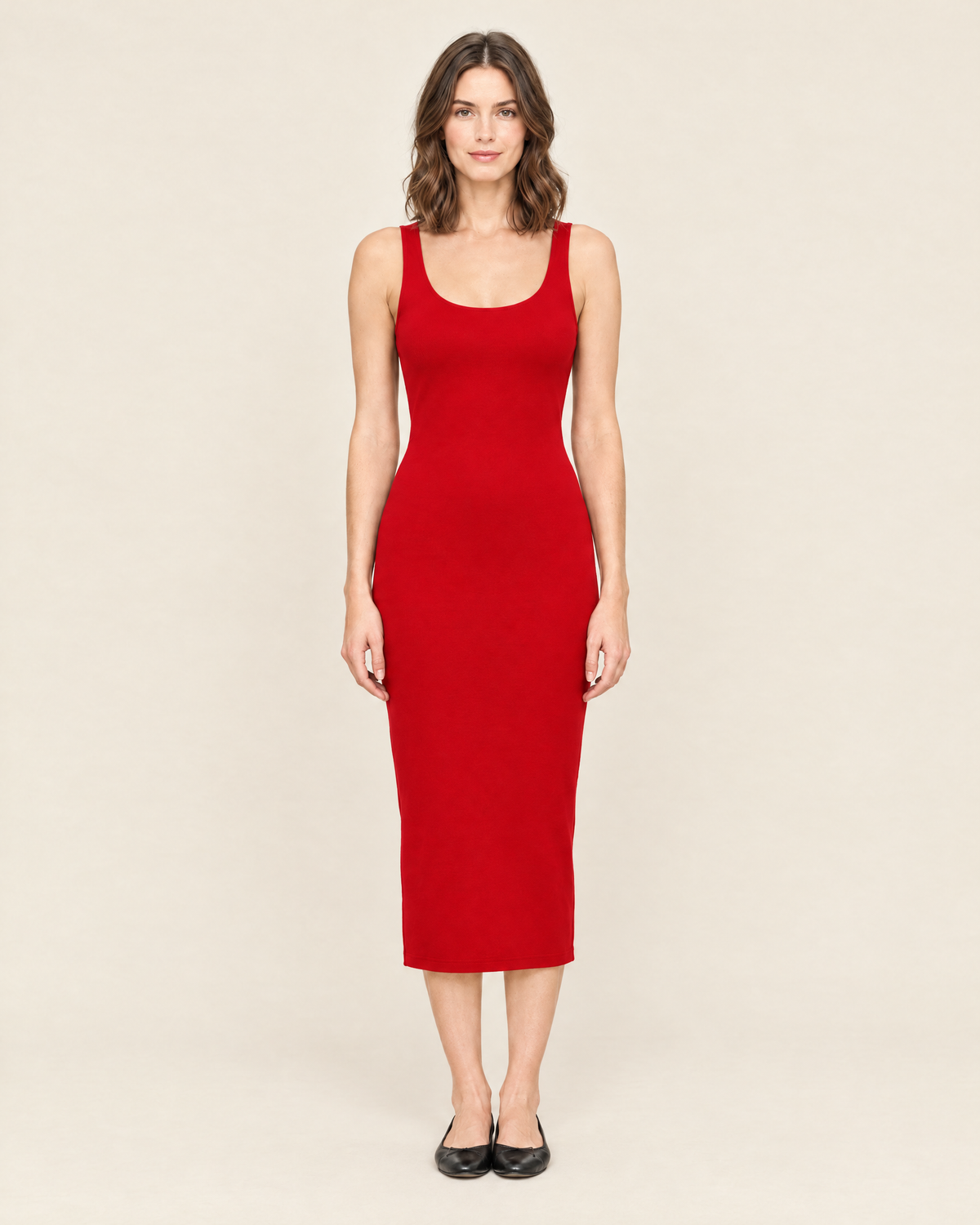 Women's Sleeveless Fitted Midi Dress in Red, 01 front view
