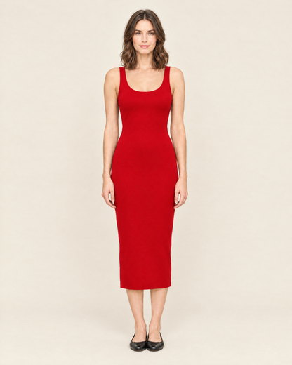 Women's Sleeveless Fitted Midi Dress in Red, 01 front view