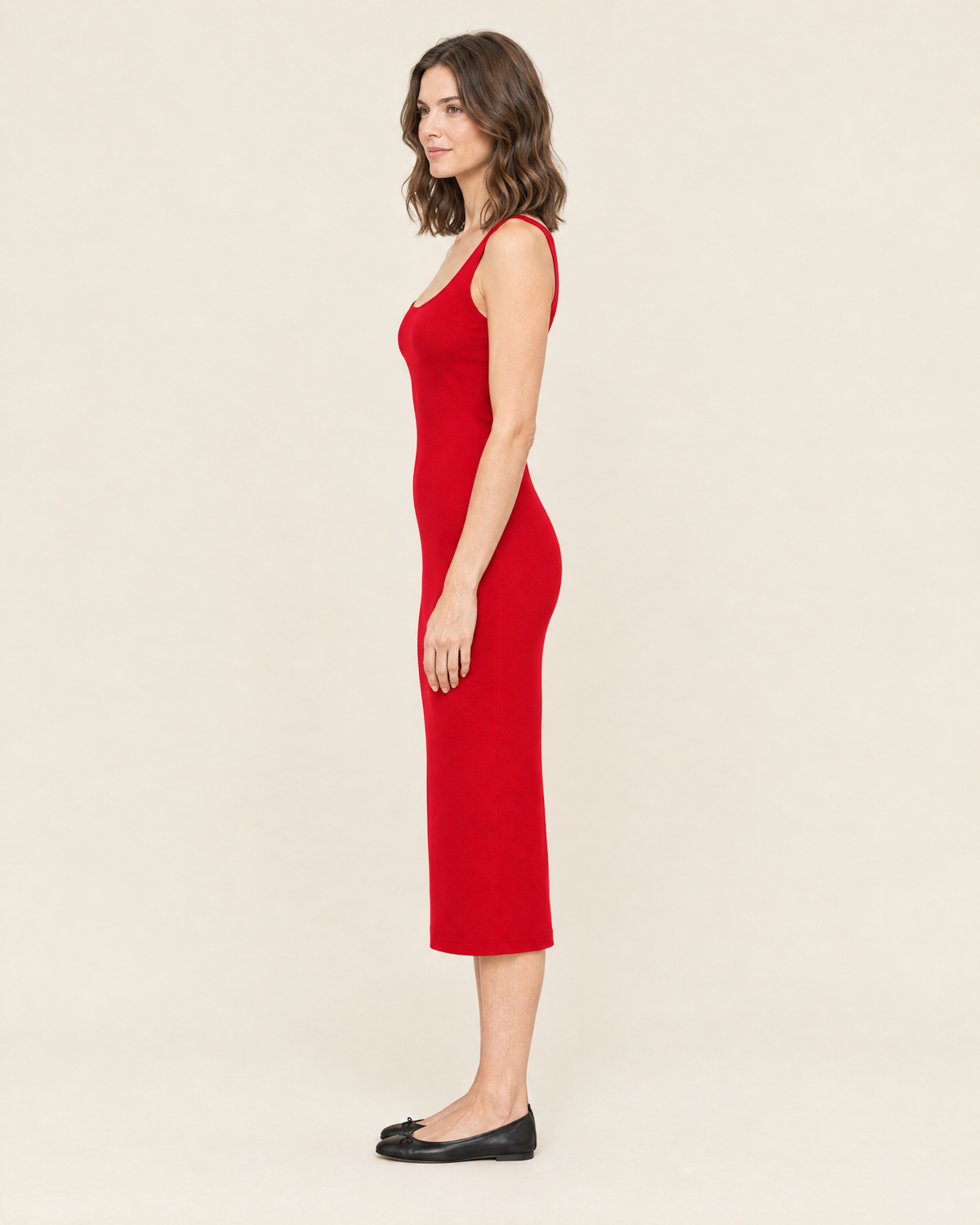 Women's Sleeveless Fitted Midi Dress in Red, 03 side view