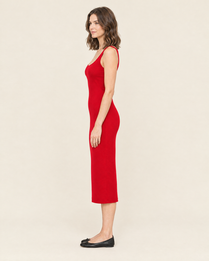 Women's Sleeveless Fitted Midi Dress in Red, 03 side view