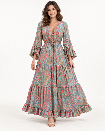 Women's Floral Print Tiered Dress — Green — front view