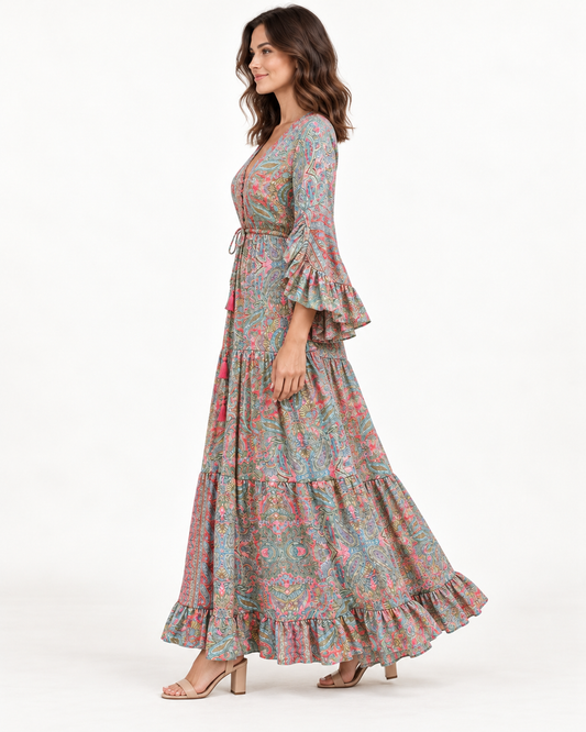 Women's Floral Print Tiered Dress — Green — side view