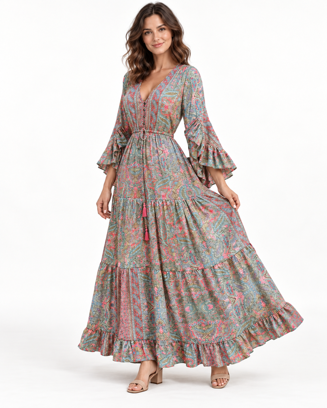 Women's Floral Print Tiered Dress — Green — three-quarter view