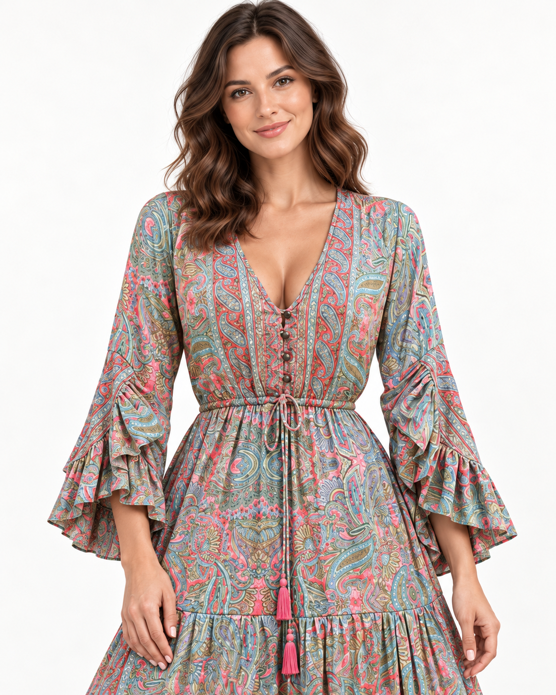 Women's Floral Print Tiered Dress — Green — fabric and dress detail