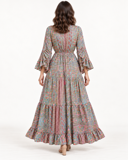 Women's Floral Print Tiered Dress — Green — back view
