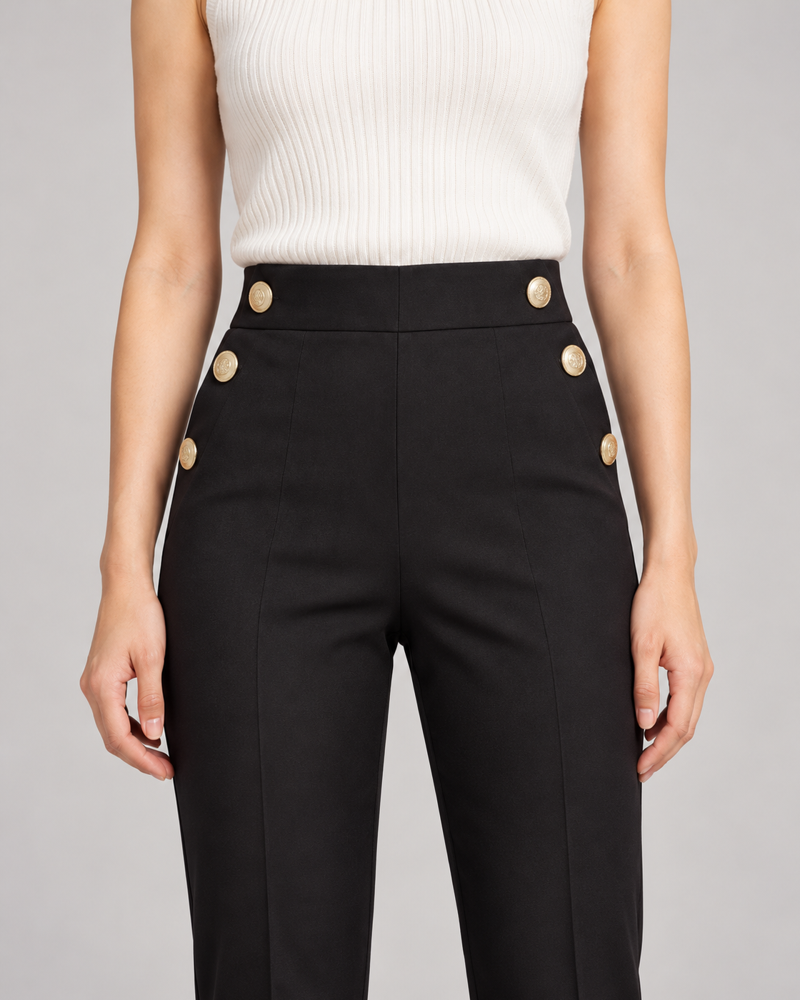 Women's High-Waist Tapered Pants in Black — Garment detail close-up