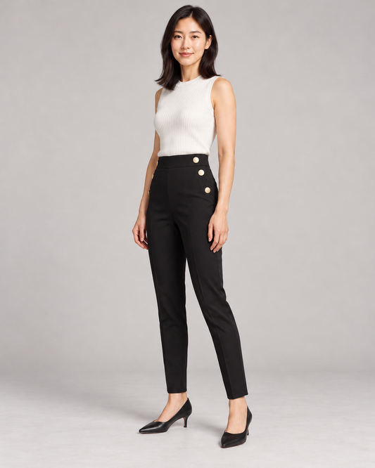 Women's High-Waist Tapered Pants in Black — Full-length three-quarter view