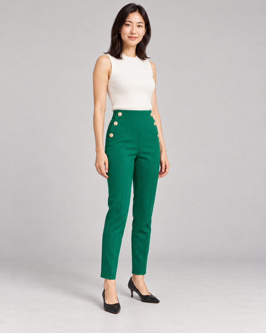 Women's High-Waist Tapered Pants in Green — Full-length three-quarter view
