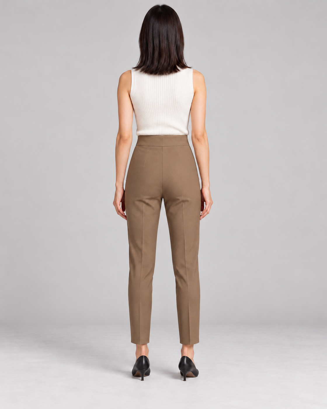 Women's High-Waist Tapered Pants in Khaki — Full-length rear view