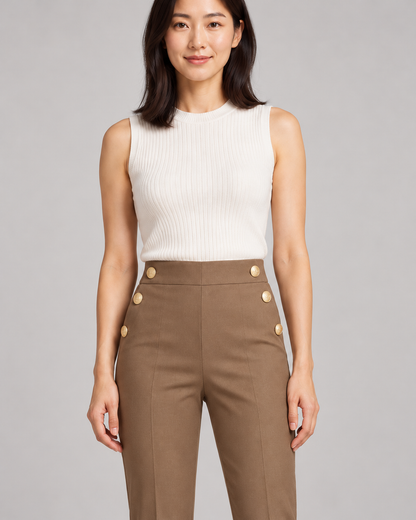 Women's High-Waist Tapered Pants in Khaki — Garment detail close-up