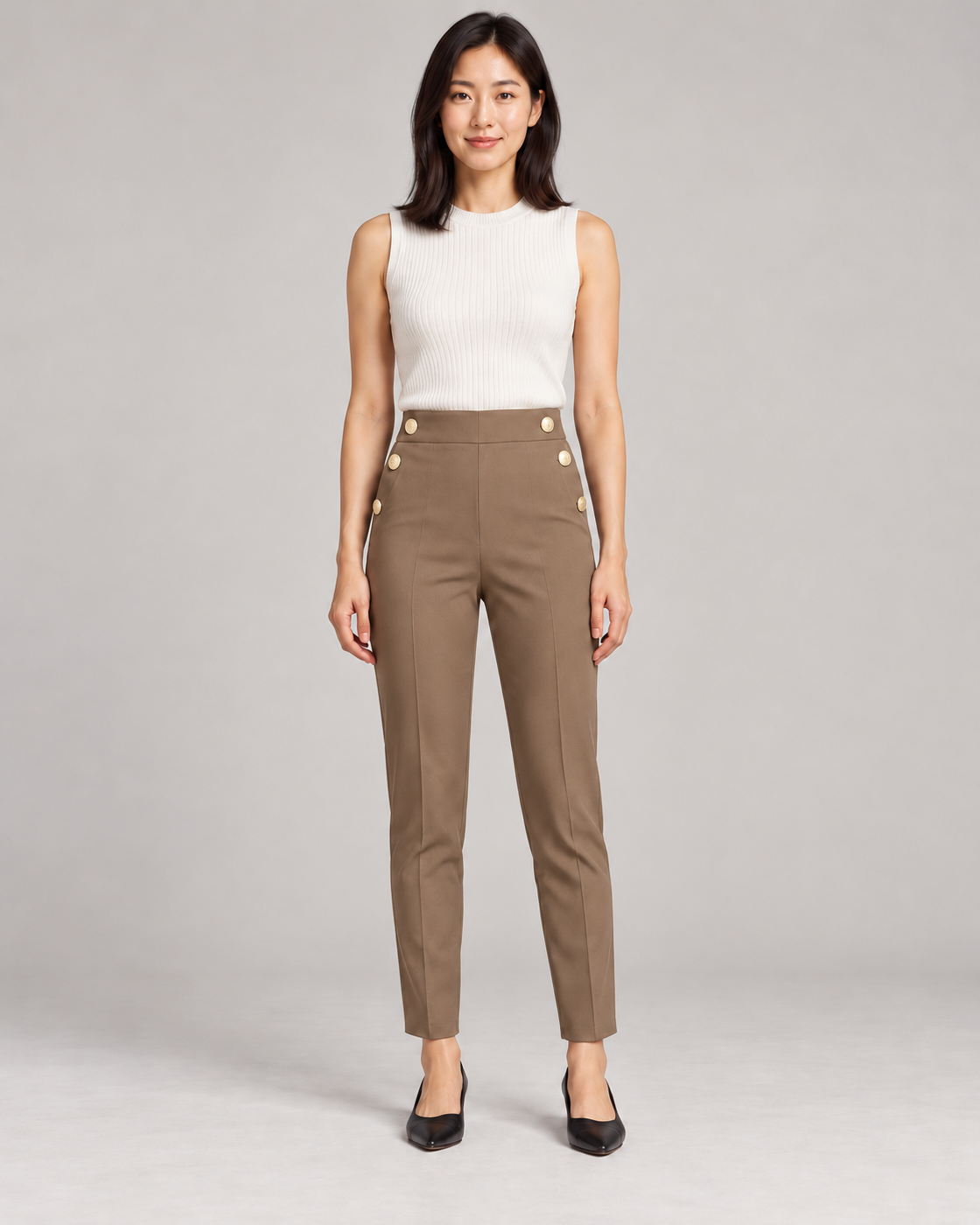 Women's High-Waist Tapered Pants in Khaki — Full-length front view