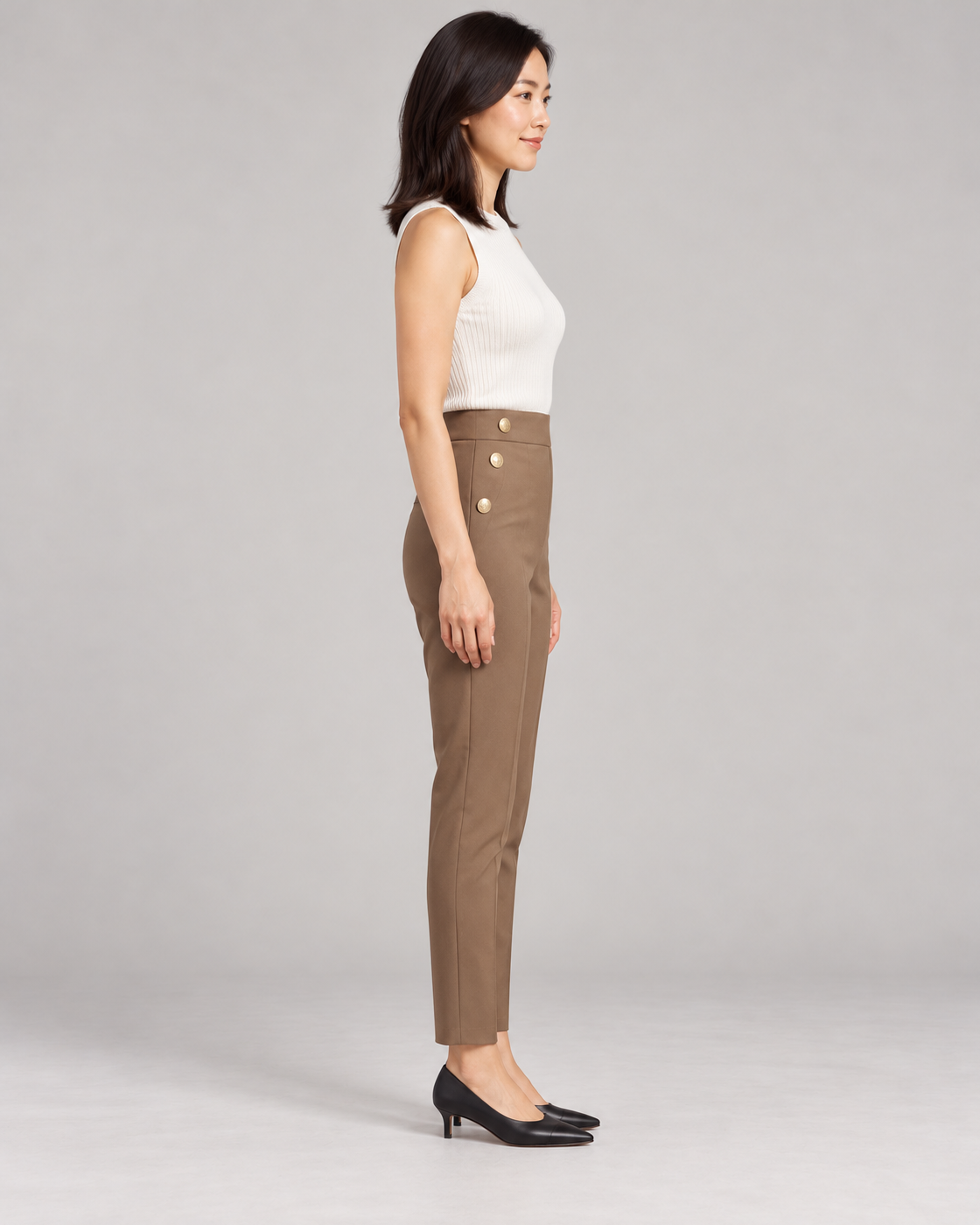 Women's High-Waist Tapered Pants in Khaki — Full-length side view