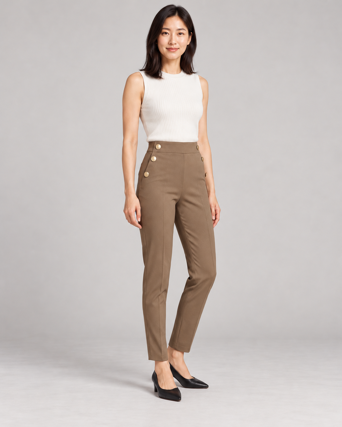 Women's High-Waist Tapered Pants in Khaki — Full-length three-quarter view