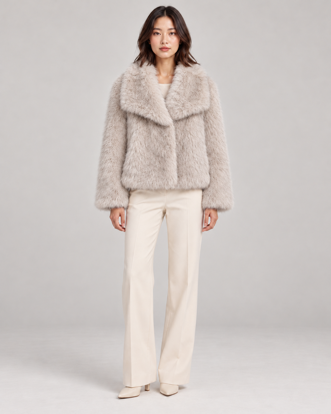 Women's Textured Shawl-Collar Jacket, Beige, Full-length front view